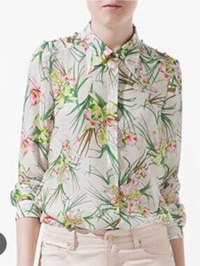 ZARA 100% Silk Tropical Floral Long Sleeve Blouse - Size L